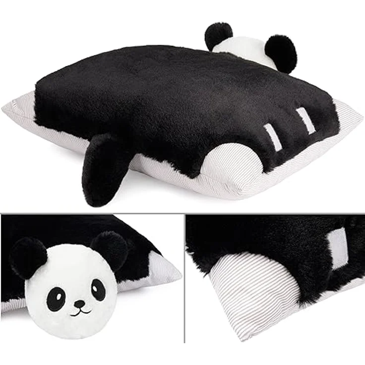 BRUBAKER Kuscheltier-Kissen Panda - 2 in 1 Plüschtier und Kuschelkissen 40 x 30 cm - Schwarz Weiß - aufklappbares Kinder Plüschkissen mit Klettverschluss – Bild 5