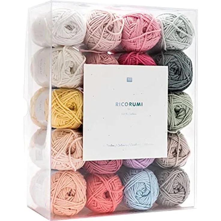 Rico Design Rico Ricorumi Set '20er Pastell', 20 Pastellfarben Häkelwolle, 100% Baumwolle, Nadelstärke 3-4, Lauflänge 57,5 m