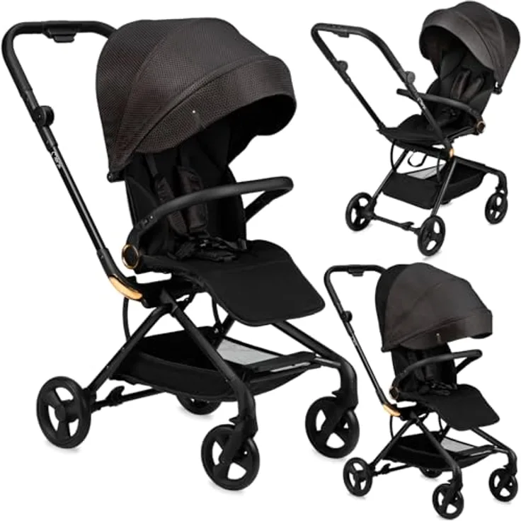 Momi Kinderwagen ADELLE, klappbarer Buggy mit 360°-Sitz, 5-Punkt-Sicherheitsgurt, Tragegriff - Schwarz