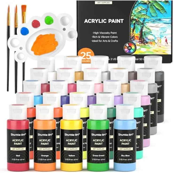 Shuttle Art Acrylfarben-Set, 25 Farben, 60 ml Flaschen, wasserfest mit 3 Pinseln & 1 Palette, hochpigmentiert für Künstler und Anfänger, geeignet für Leinwand, Holz, Keramik und Stoff – Bild 1