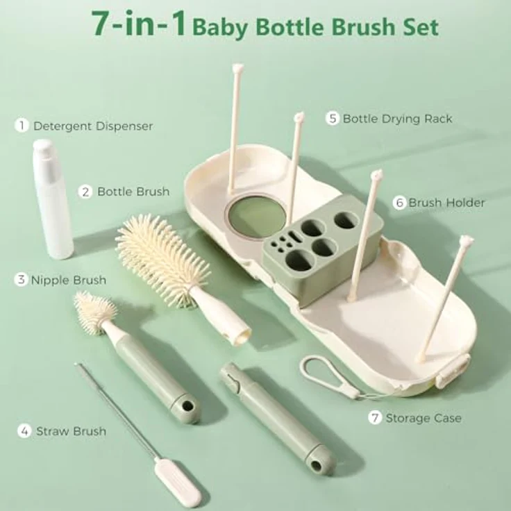 Diboniur Set Flaschenbürsten Baby 7 in 1, inklusive Saugerbürste, Strohhalmbürste, Abtropfgestell und Aufbewahrungsbox, Silikon – Bild 4
