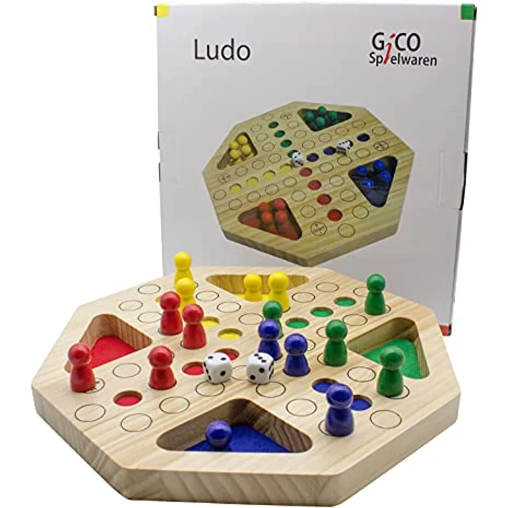 GICO Holz Ludo Spiel XL - Brettspiel für die ganze Familie, stabile Ausführung, große Figuren – Bild 1