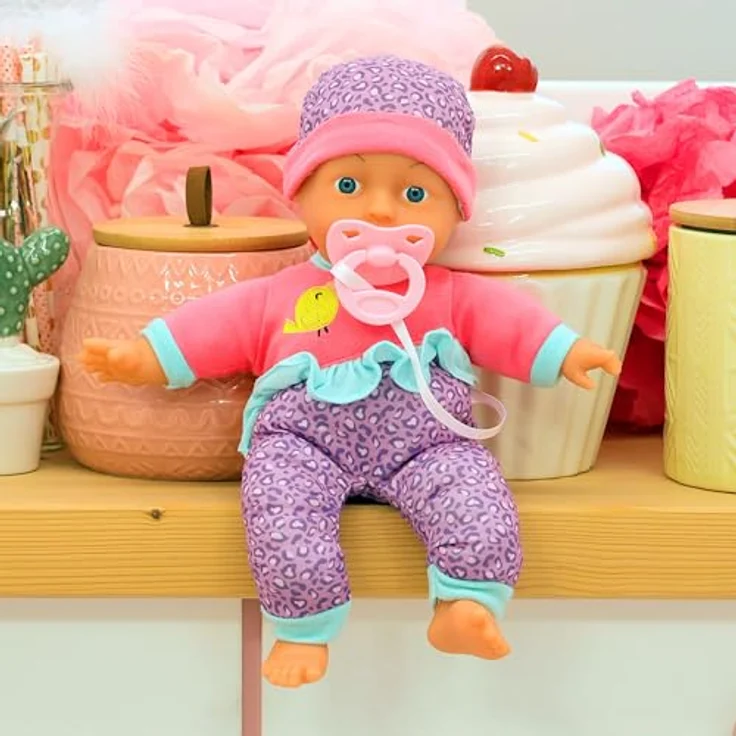 Bayer Babypuppe, 30 cm pink/lila, mit Weichkörper, Schnuller und Flasche (3-tlg) – Bild 5