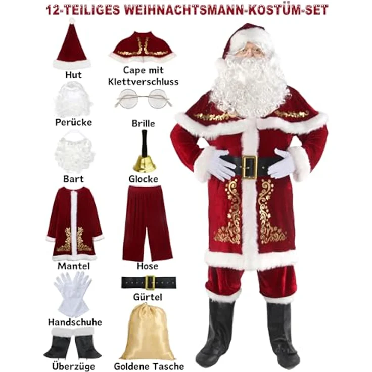Ahititi Weihnachtsmann Kostüm für Männer 12 STK Set Weihnachtsfeier Cosplay für Erwachsene Roter Deluxe Samt Weihnachtsmann-Anzug XL – Bild 5