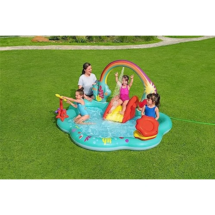 Bestway Wasserspielcenter Little Mermaid 221 x 193 x 117 cm, Lustiges Disney Design, Strapazierfähiges PVC, Integrierte Rutsche, Wassersprinkler, Ball- und Ringwurfspiel, inkl. Zubehör – Bild 4