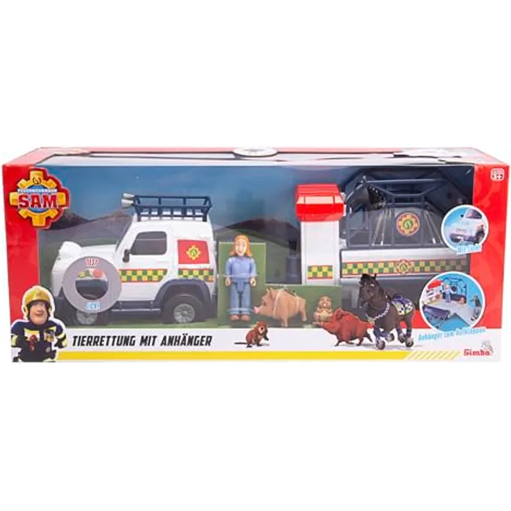Simba Feuerwehrmann Sam Tierrettung mit Anhänger, 34 cm Spielzeugauto mit Licht und zahlreichen Zubehörteilen