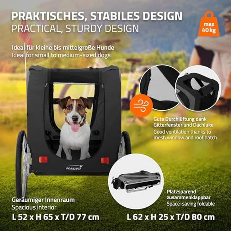 Hauki Fahrradhundeanhänger & Hundebuggy klappbar, 130x72x90 cm Schwarz mit Reflektoren Leine und Flagge bis 4 – Bild 3