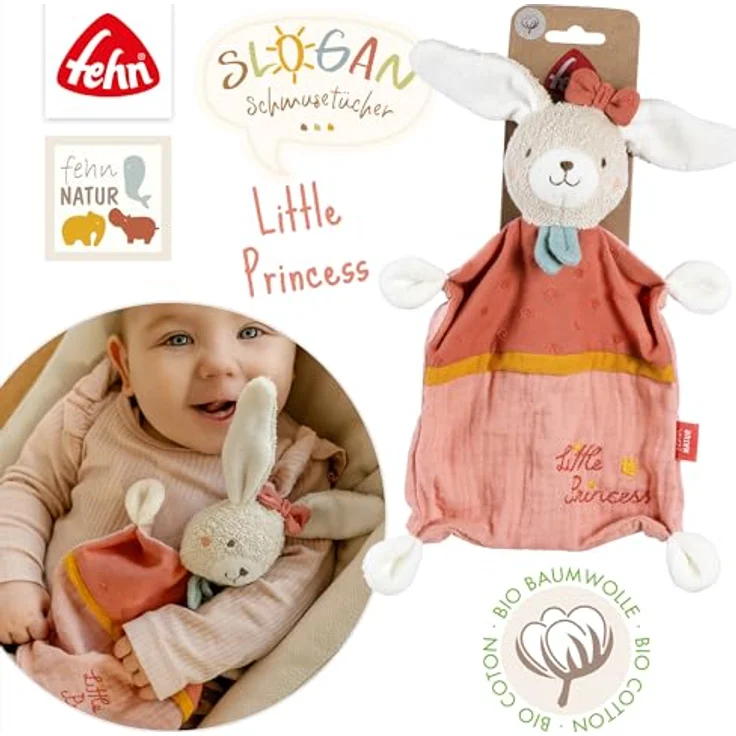 Fehn Schmusetuch Hase "Princess" – mit individuell gesticktem Slogan "Little Princess" – Bio-Baumwolle (kbA) – für Babys & Kleinkinder ab 0+ Monaten – Bild 5