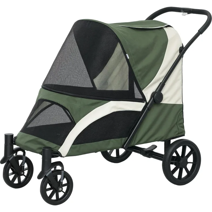 Aosom Hundewagen für große Hunde und Katzen, klappbar bis 30 kg, dunkelgrün, mit Kissen, Netzfenstern, Sicherheitsleinen und Aufbewahrungstasche