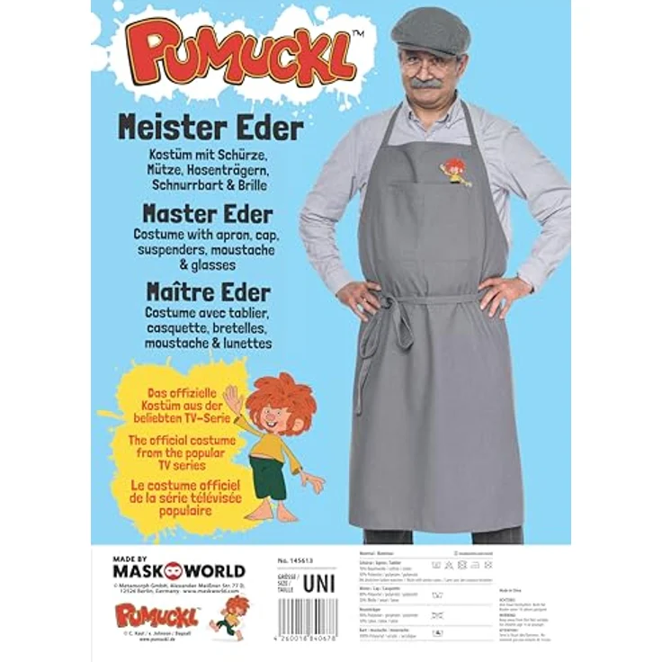 Maskworld Pumuckl – Meister Eder Kostüm, Grau mit Schreinerschürze, Schiebermütze und Brille, One Size – Bild 9
