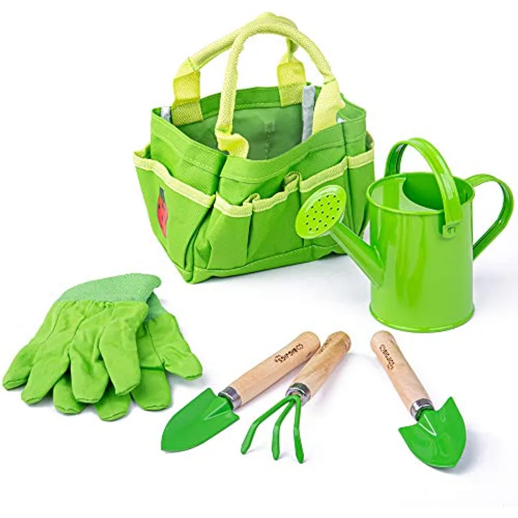 Bigjigs Toys Kleine Tragetasche mit Gartenwerkzeugen, inklusive Schaufel, Handgrubber, Harke & Gießkanne, bunt, für Kinder ab 3 Jahren