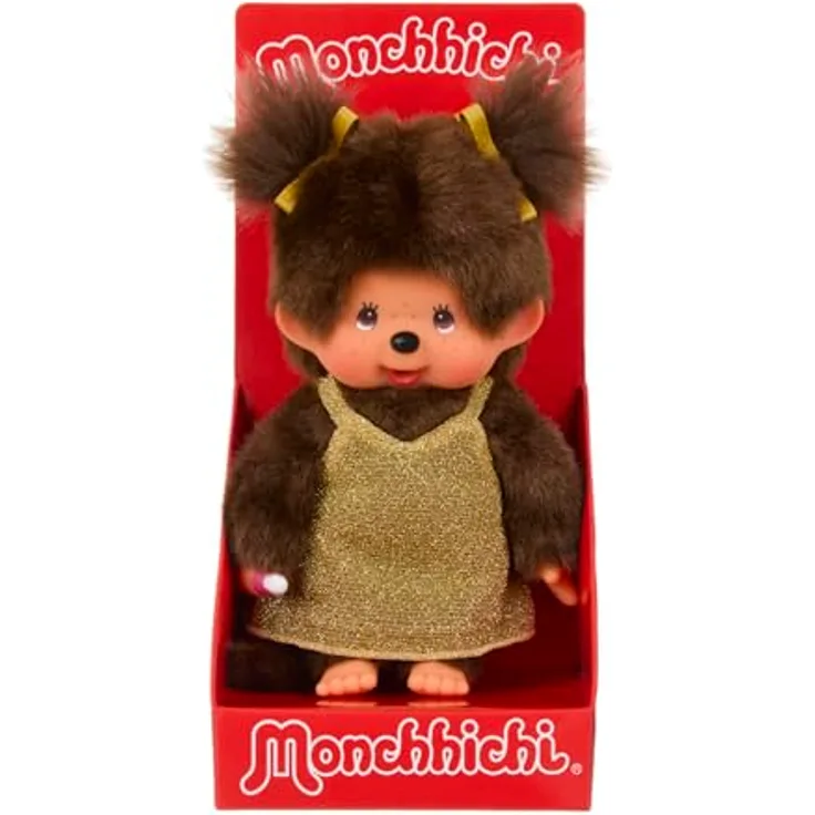 Sekiguchi Monchhichi Mädchen 204038, Kuscheltier ca. 20 cm aus braunem Plüsch im goldenen Glitzerkleid