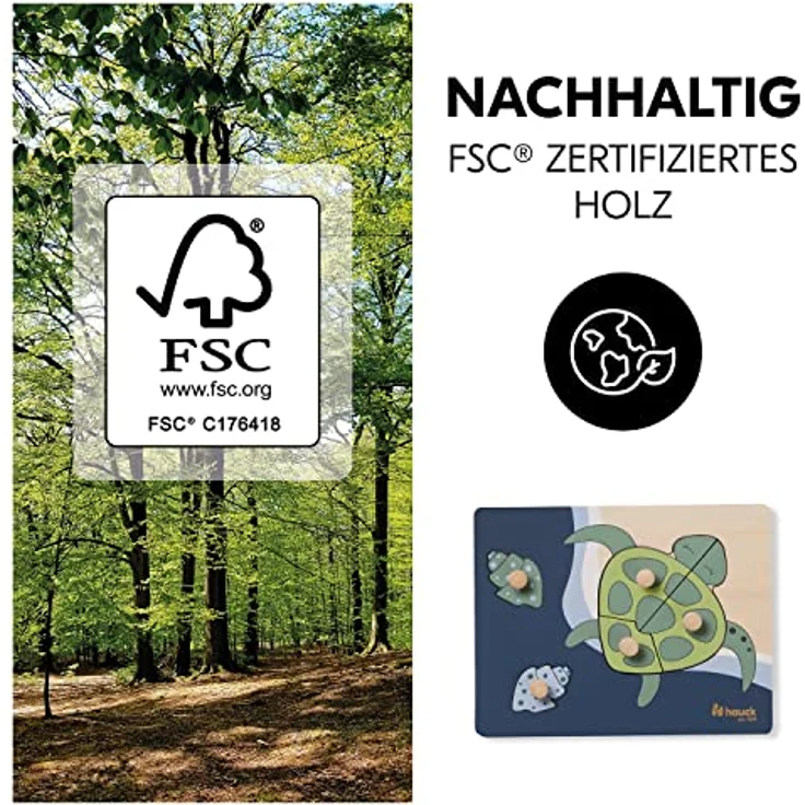 hauck 813076 Puzzle N Sort Tiere Steckpuzzle, Turtle - Holz Kinderpuzzle, FSC-zertifiziert, greifbare Holzknöpfe, Tierdesign – Bild 4