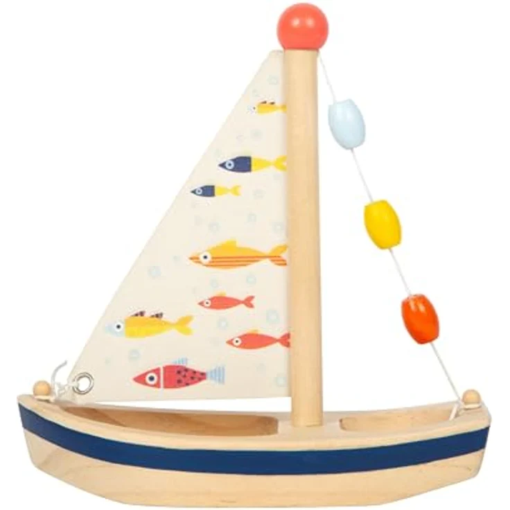 small foot GmbH & Co. KG Wasserspielzeug Segelboot Großer Ozean, Holzboot mit Fischmotiven, 17 x 8,5 x 19 cm, natur mit bunten Details – Bild 2