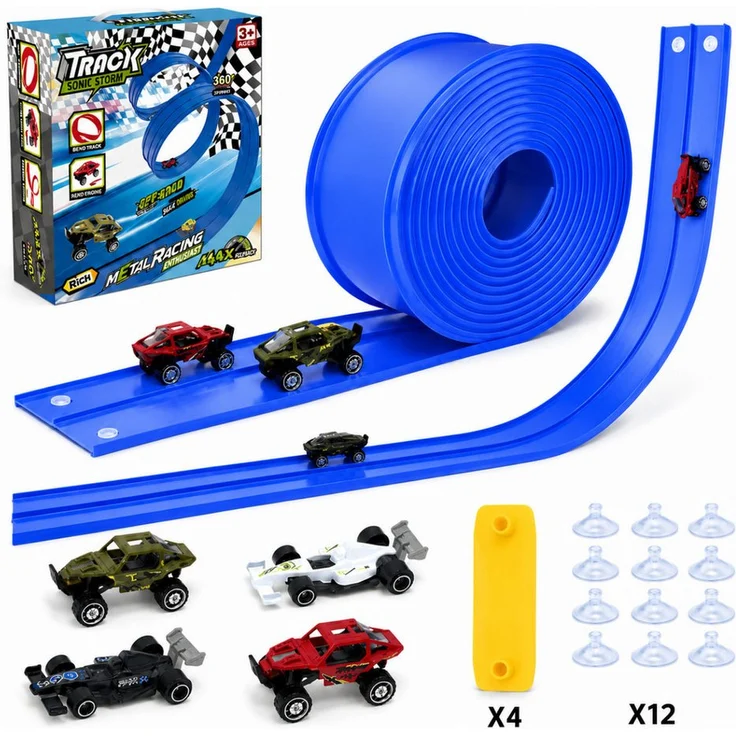 R2 Invest Autorennbahn 4 m flexibel mit 360° Looping und 4 Metallautos, für Kinder ab 3 Jahren