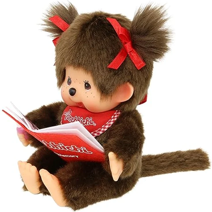 Sekiguchi 221561 - Original Monchhichi Mädchen, Plüschtier mit Fotoalbum und Schleifen, ca. 20 cm großes Kuscheltier aus braunem Plüsch – Bild 3