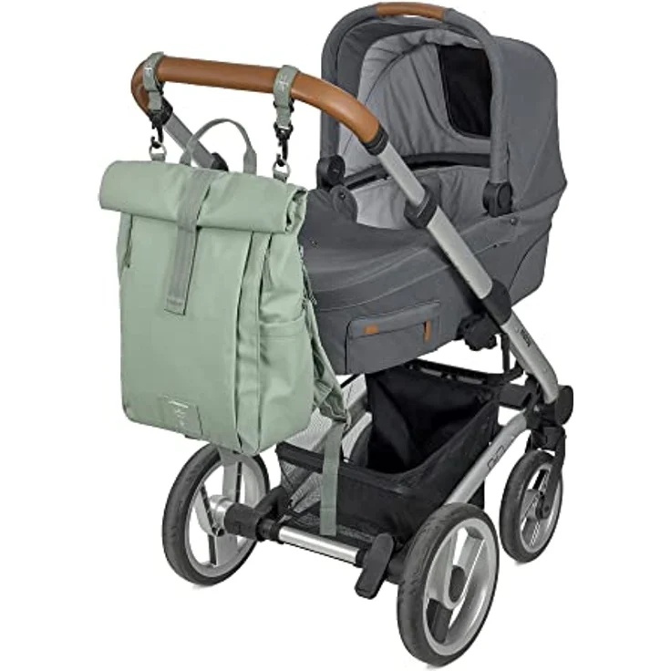 LÄSSIG Baby Wickelrucksack Wickeltasche Rucksack mit Wickelunterlage, nachhaltig produziert, Rolltop-Style, silver green – Bild 4