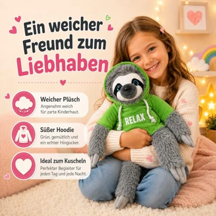 Soma Faultier Kuscheltier mit Hoodie, Plüschtier in Grün, 70 cm, weiches Stofftier für Kinder – Bild 3