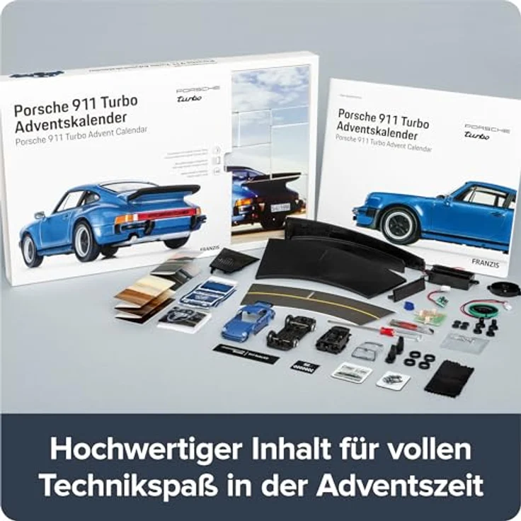 Franzis Adventskalender Porsche 911 Turbo Bausätze Adventskalender, metallic-blau, Maßstab 1:43, Soundmodul – Bild 3