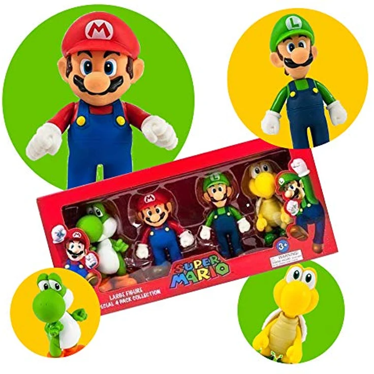 Nintendo Super Mario groß 4 Figur Sammlung Paket, offiziell lizenziert, 12,7 cm, Geschenk-Box, für Fans und Sammler, biegsam, Mario, Luigi, Yoshi, Koopa Troopa – Bild 3