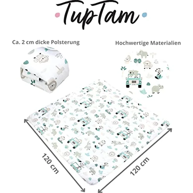 TupTam Krabbeldecke 120x120 cm - Gepolsterte Spieldecke aus 100% Baumwolle, OEKO-TEX, weich & hautfreundlich, Farbe: Zoo Grün – Bild 5