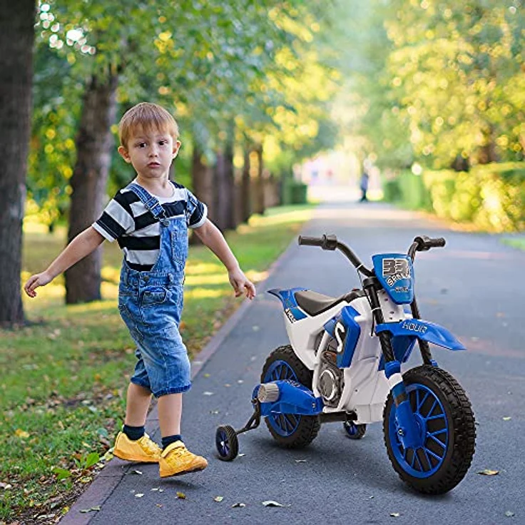 HOMCOM Elektro-Kindermotorrad Elektrofahrzeug Blau+Weiß, mit 2 abnehmbaren Stützrädern, Belastbarkeit 30 kg, 106.5L x 51.5B x 68H cm – Bild 2