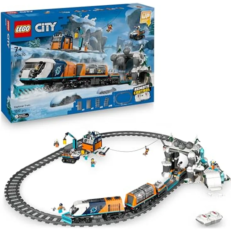 LEGO City Arktis-Polarexpress, ferngesteuerte Eisenbahn mit 30 Gleissegmenten, Schneepflug und 6 Minifiguren, Felssturz-Funktion, Geschenk für Jungen ab 7 Jahren, 60470
