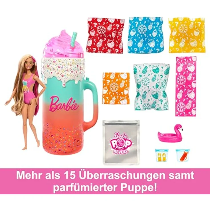 Barbie Anziehpuppe Pop! Reveal, Tropical Smoothie - Parfümierte Puppe mit Farbwechsel-Make-up, inklusive Squishy-Tier und formbarem Sand – Bild 4