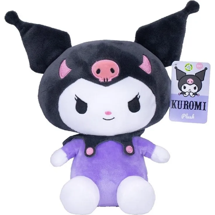 SANRIO Hello Kitty Kuromi Plüschtier, schwarzes-lila Outfit, ca. 23 cm, weich und detailreich mit recyceltem Füllmaterial