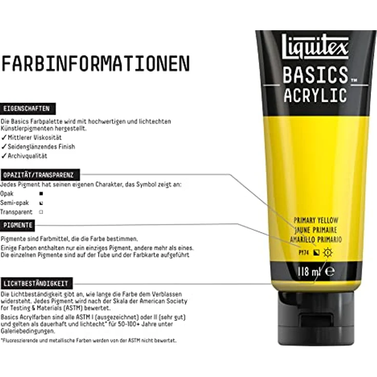 Liquitex Basics Acrylfarbe Primärgelb, 118ml Tube, lichtecht, mittlere Viskosität, seidenglänzend, monopigmentiert, Archivqualität – Bild 3