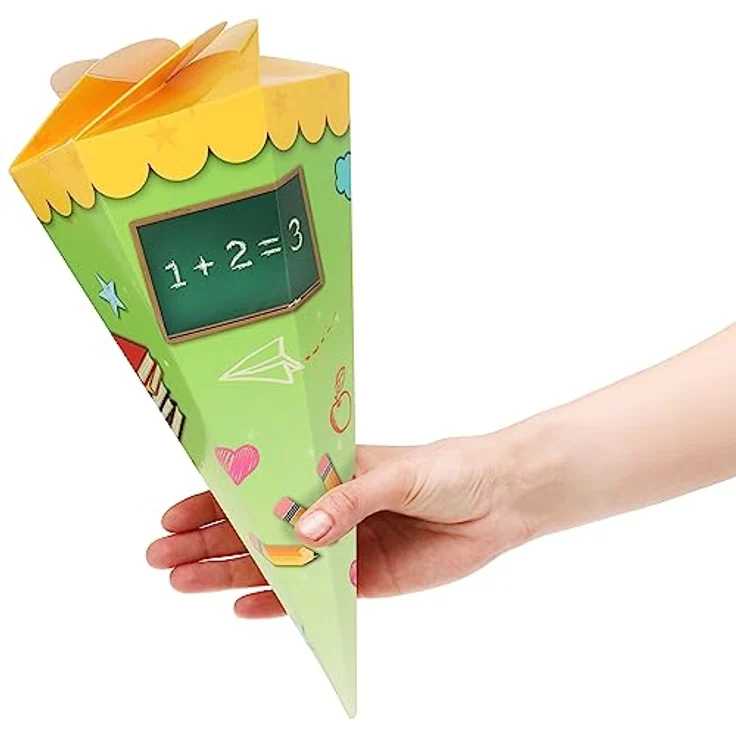 com-four® 2X Mini Schultüten 30 cm, Geschwisterschultüten aus Pappe in grün-gelb und pink-blau, handlich und faltbar – Bild 5