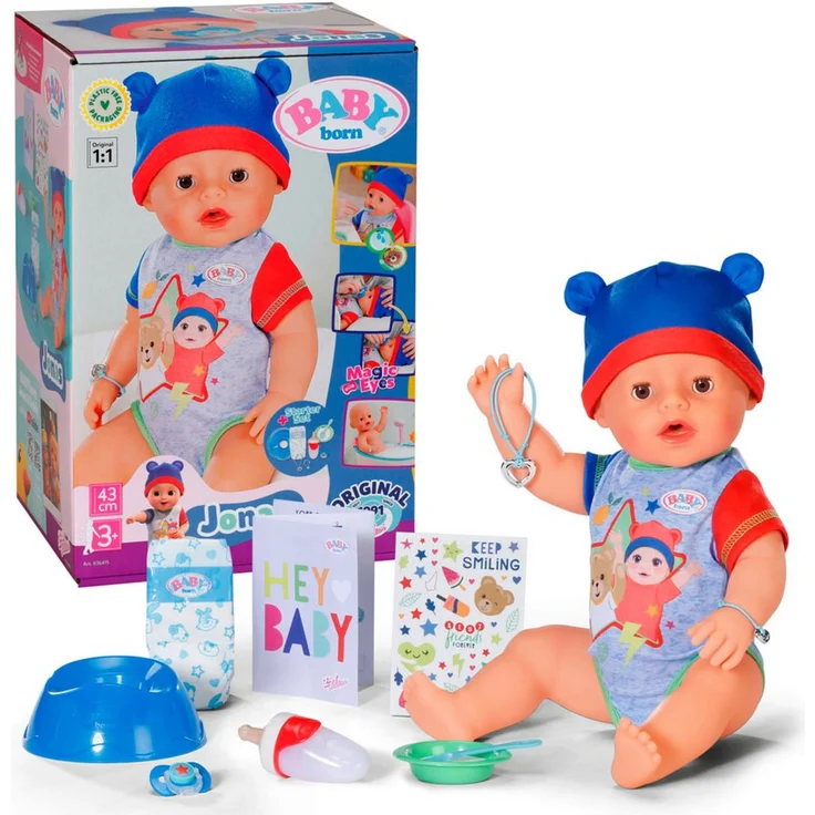 Baby Born Babypuppe Jonas, 43 cm (Set, 11-tlg), mit 10 lebensechten Funktionen, inkl. magischem Teller und Zubehör – Bild 1