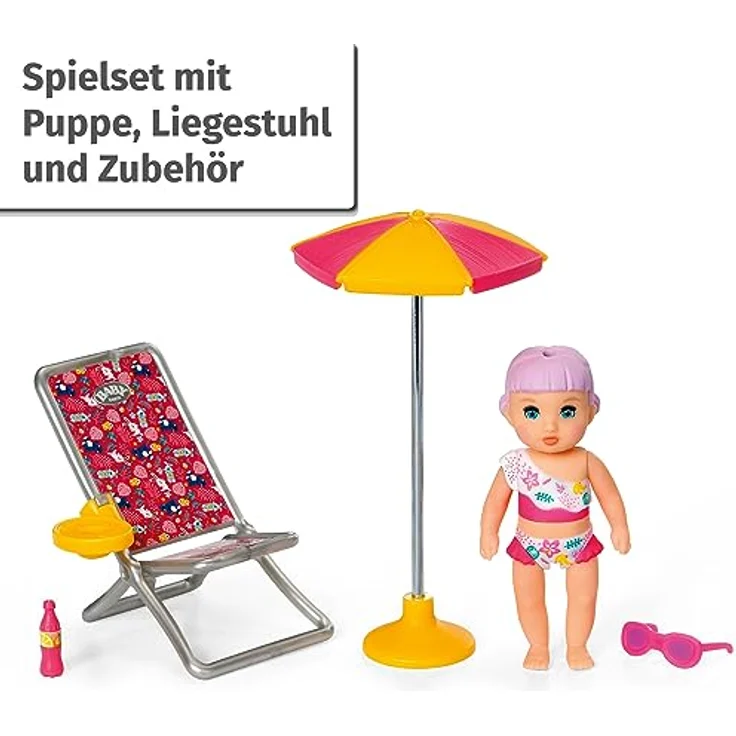 BABY born Minis, Minipuppe mit Liegestuhl, Spielset Sonnenstuhl, 7 cm große Puppe Lara mit Liegestuhl, Sonnenschirm und Flasche, 906132, Zapf Creation – Bild 2