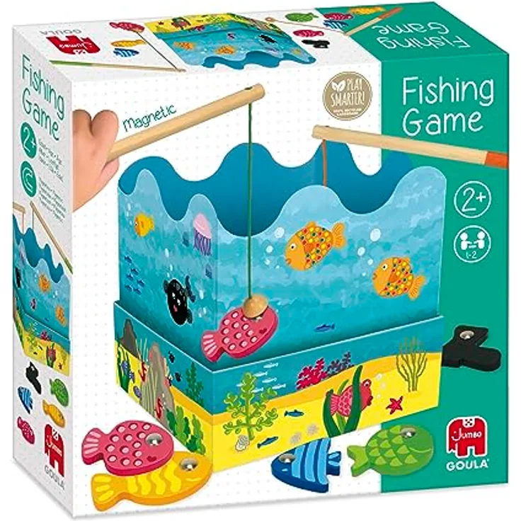 Goula Angelspiel, Brettspiel für Kinder ab 2 Jahren mit 2 magnetischen Angelruten und 12 bunten Holzfischen