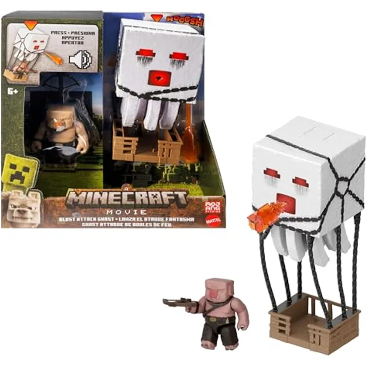 Mattel Minecraft Actionfigur-Set JFB69, Ghast mit Feuerattacke, Lichter, Geräusche, Projektil, Piglin-Krieger vom Film inspiriert