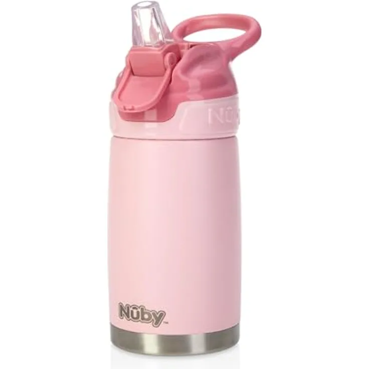 Nuby Flip-It Reflex, Auslaufsichere Edelstahlflasche für Kinder mit Thermodesign und Silikonmundstück, 300 ml, rosa