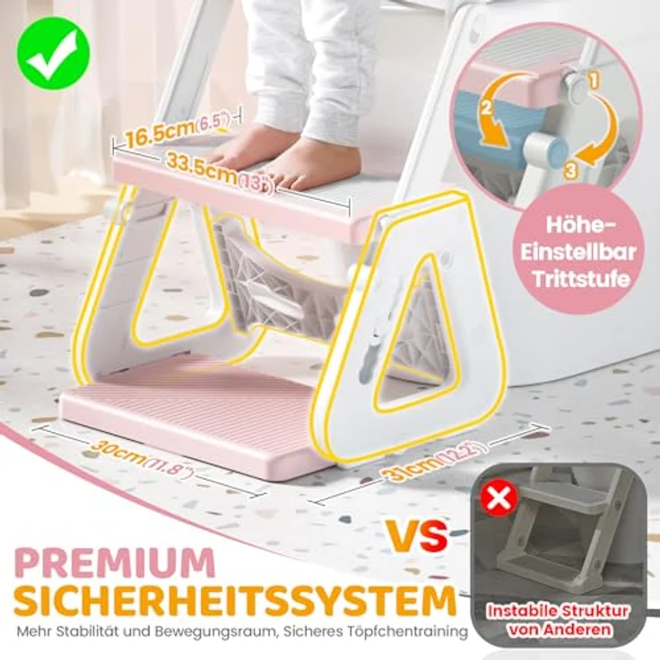 Orzbow Toilettensitz Kinder mit Treppe, stabiler dreieckiger Struktur, verlängerter Spritzschutz, rutschfest und faltbar, PVC-Polster, rosa – Bild 2