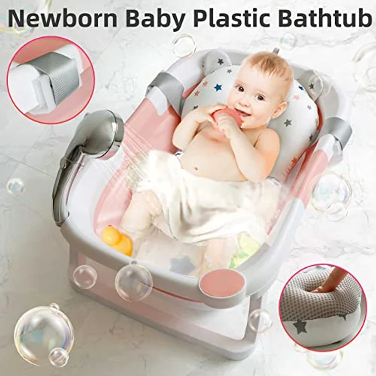 Baby Badewanne Faltbare Babybadewanne Kinder, Neugeborene Baby-Plastikbadewanne mit faltbaren Anti-Rutsch-Beinen Zusammenklappbare Badewanne für das Baden von Kleinkindern | Rosa und Weiß – Bild 5