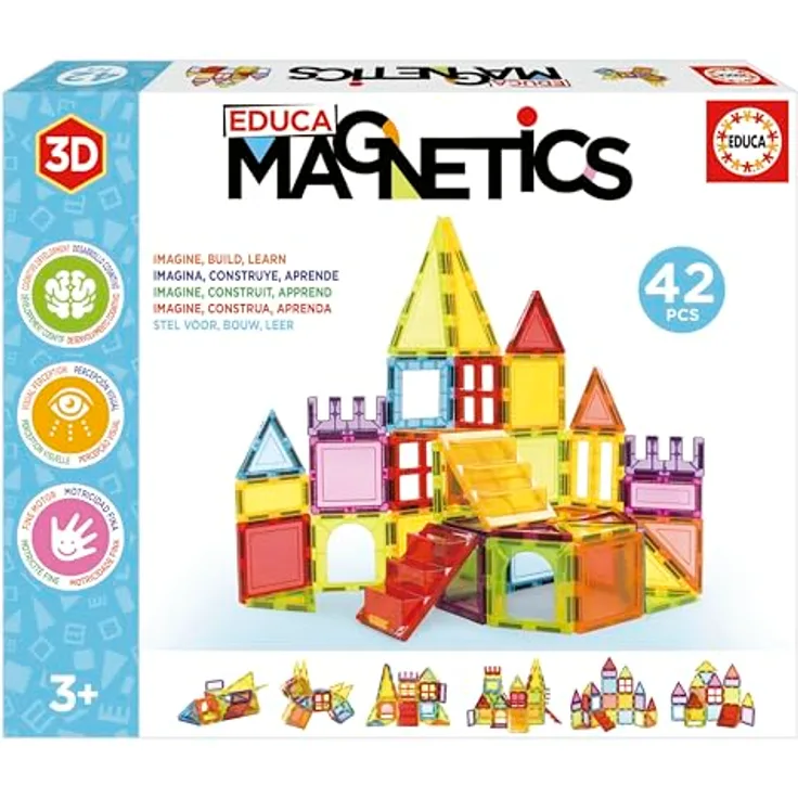 Educa Magnetic, 42-teiliger 3D-Baukasten aus hochwertigen Magnetbausteinen, STEM-Spielzeug für kreative Bauten, sicher für Kinder ab 3 Jahren