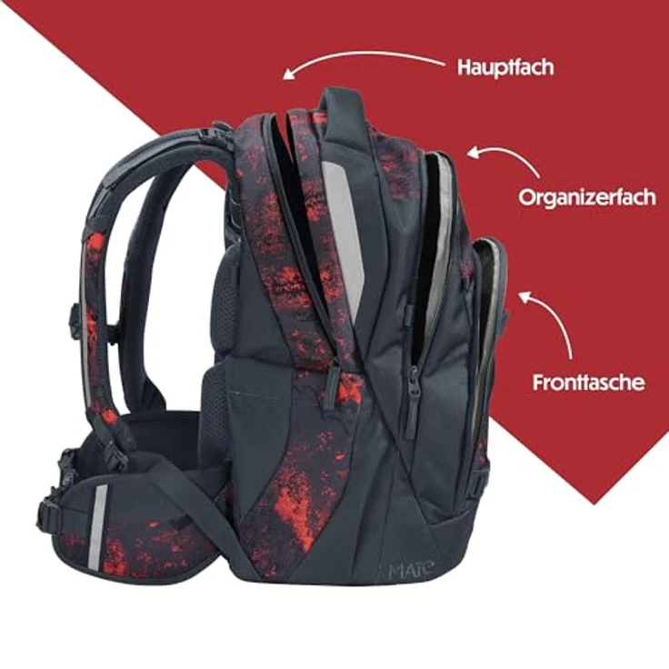 Coocazoo Mate Schulrucksack „Broken Black”, ergonomischer Tornister mit 30 Litern Volumen, höhenverstellbar, Brust- und Hüftgurt, schwarz-rot, ab der 3. Klasse – Bild 3