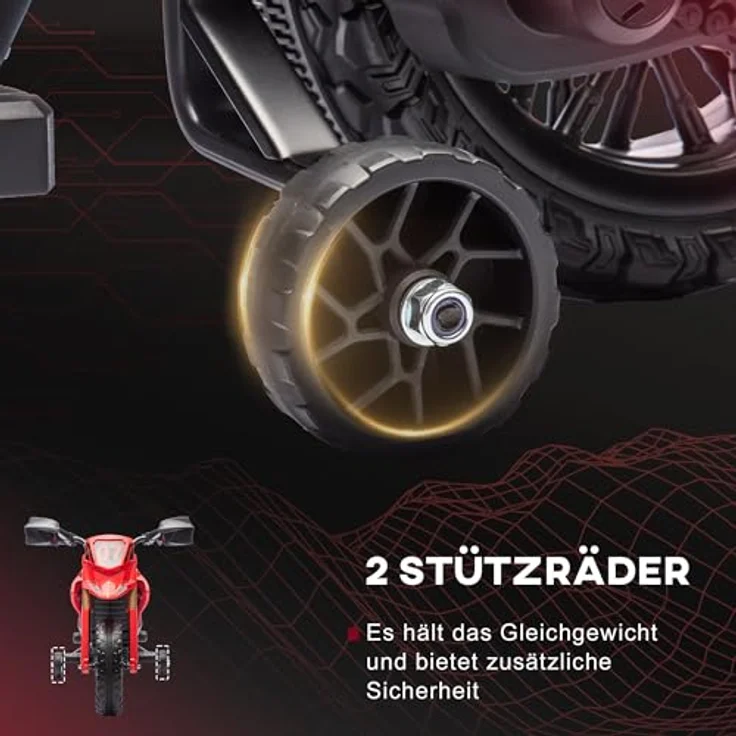 AIYAPLAY Elektro-Kindermotorrad 6V, mit Stützrädern, Hupe und Startgeräusch, belastbar bis 30 kg, Rot – Bild 4