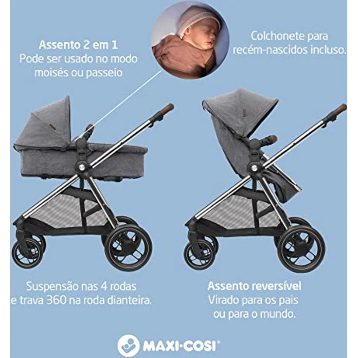 Maxi-Cosi Zelia Luxe 2-in-1-Kinderwagen, wendbarer Sitz, einhändig zusammenklappbar, geeignet von Geburt bis 4 Jahre, 0-22 kg, Twilllic Grey, großer Einkaufskorb – Bild 3