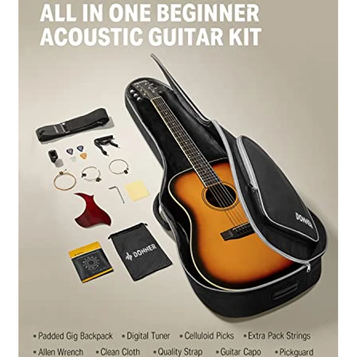 Donner Gitarre Akustik Anfänger Erwachsene Akustikgitarre Kit Einsteiger 4/4 Dreadnought 41 Zoll Gitarren mit 6 Saiten Gigbag Capo Plektren Gurt (Sunburst） – Bild 4