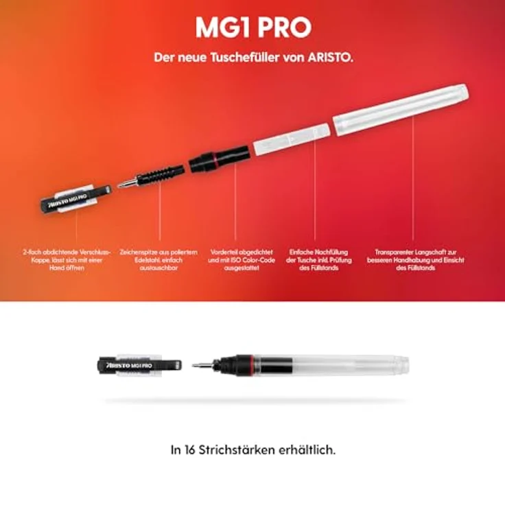 Aristo Tuschefüller-Set mg1 College, 3 Stifte (0,25/0,35/0,50 mm) + Feinminenstift 0,5 mm, Transparent/Schwarz, inkl. 12 Ersatzminen und 23 ml Nachfülltusche – Bild 5