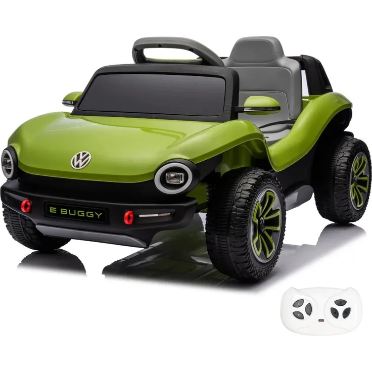 Volkswagen E-Buggy, Elektrofahrzeug 12V mit Fernbedienung, für 1 bis 5 Jahre, Grün, LED-Scheinwerfer, MP3-Player, Sicherheitsgurt, 2 Motoren, 5 km/h