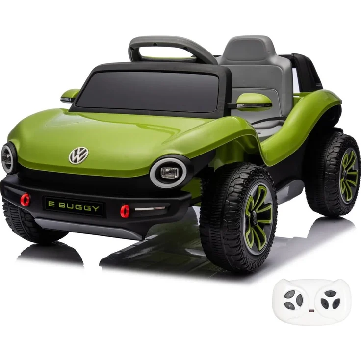 Volkswagen E-Buggy, Elektrofahrzeug 12V mit Fernbedienung, für 1 bis 5 Jahre, Grün, LED-Scheinwerfer, MP3-Player, Sicherheitsgurt, 2 Motoren, 5 km/h