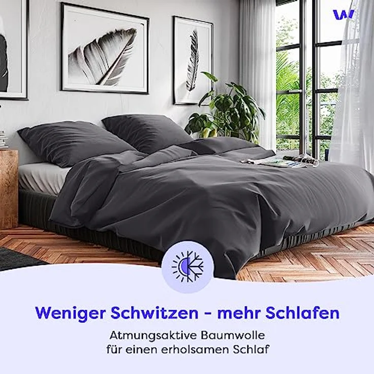 Wolkenfeld Bettwäsche 135x200 Baumwolle Grau - Atmungsaktiv - Renforcé Bettwäsche-Set mit 1x Bettbezug 135 x 200 + 1x Kissenbezug 80x80 - Anthrazit – Bild 2