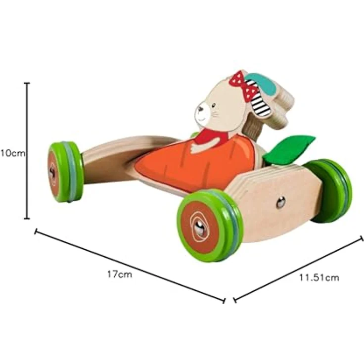 Eichhorn Greifspielzeug Schiebefahrzeug, Hasen-Karotten Motiv, FSC®-zertifiziert, 16 cm, geräuschlose Silikonreifen – Bild 7