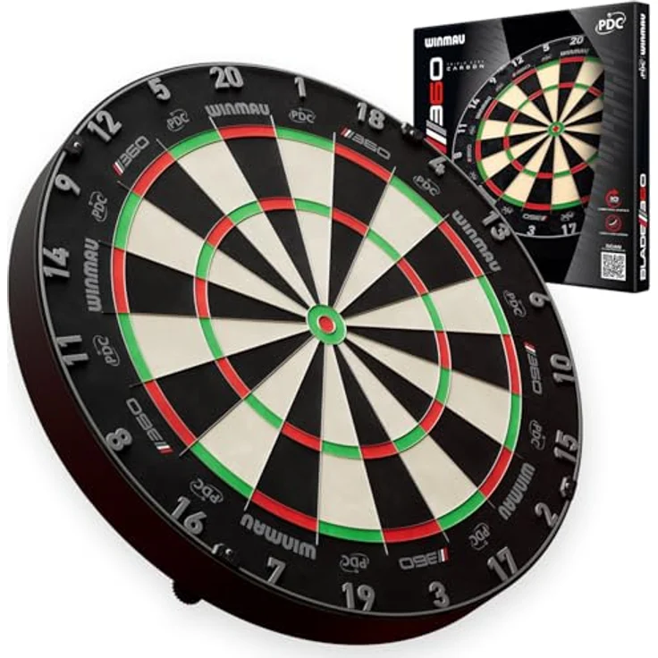 WINMAU Blade 360 Triple Core Carbon Dartscheibe Set, professionelle Steeldart mit zwei 19 g Darts, schwarzen und roten Flights, Checkout Karte und Zubehör – Bild 2