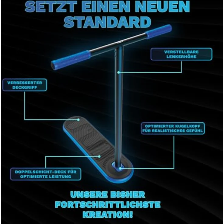 Indo Trampolin Scooter PRO V2, schwarzes-blaue Stunt-Scooter mit leichtem Schaumstoffdeck und Aluminumlenker für Fortgeschrittene – Bild 2